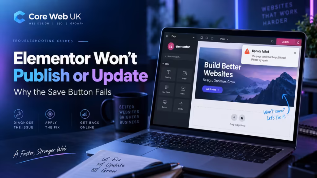 Core Web UK graphic showing an Elementor update failed message.