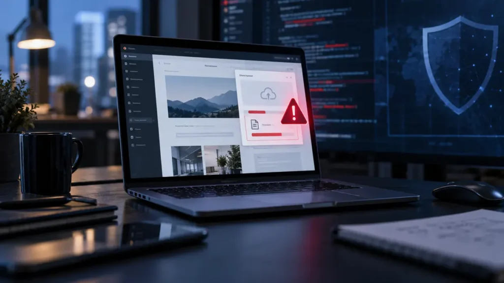Laptop showing a website file-upload security warning