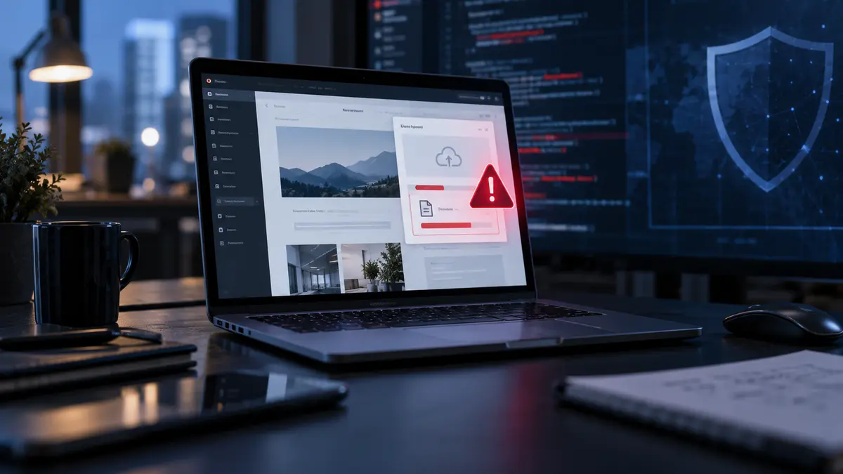 Laptop showing a website file-upload security warning